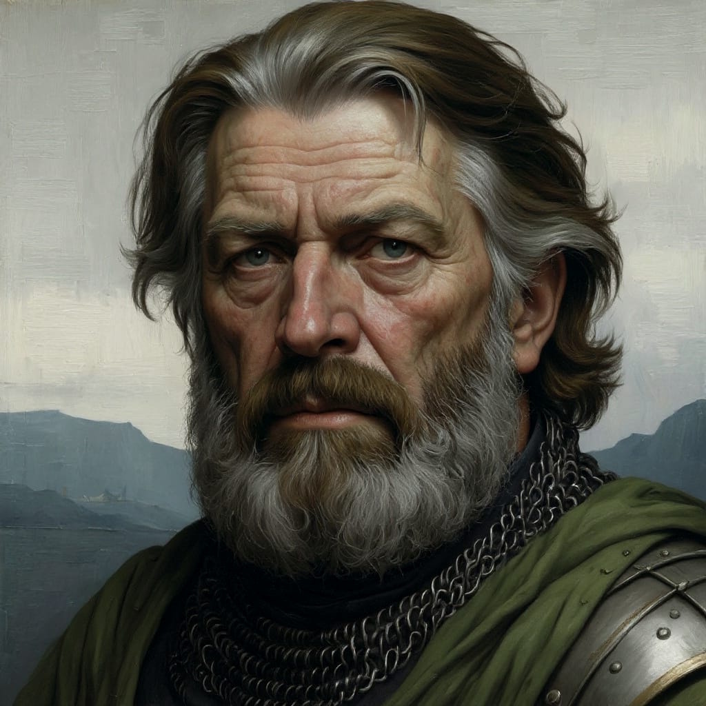 Porträtbild des Heldentrutzer Grafen Emmeran von Löwenhaupt vor dem schemenhaften Panorama des Finsterkamms.