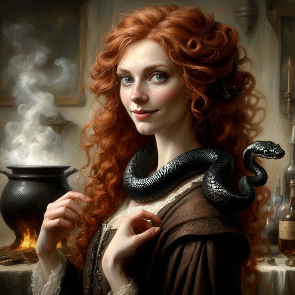 Porträtbild der Prinzessin Gwynna von Weiden mit Vertrauter in ihrer Hexenküche.