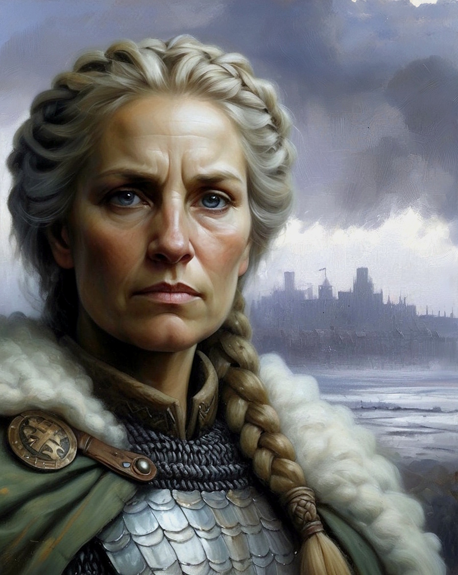 Porträtbild der Weidener Herzogin Walpurga von Löwenhaupt vor dem Panorama des Pandlarins und der Stadt Trallop.