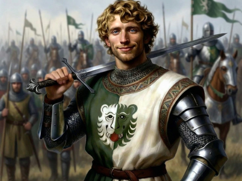 Szene mit dem Weidener Kronprinzen Arlan von Löwenhaupt und einem Heer im Hintergrund.